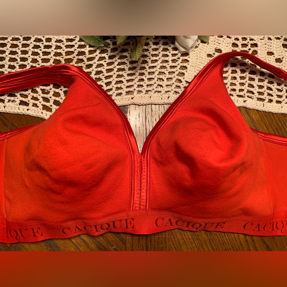 Cacique 42C Sports Bra, no wires, no padding, very comfortable.